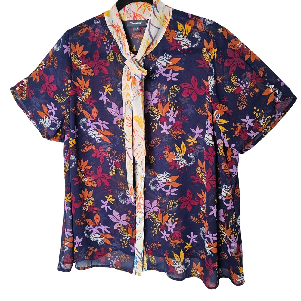 ModCloth Womens Tie Neck Blouse 2X Navy Animal Floral Novelty Twee Whimsical